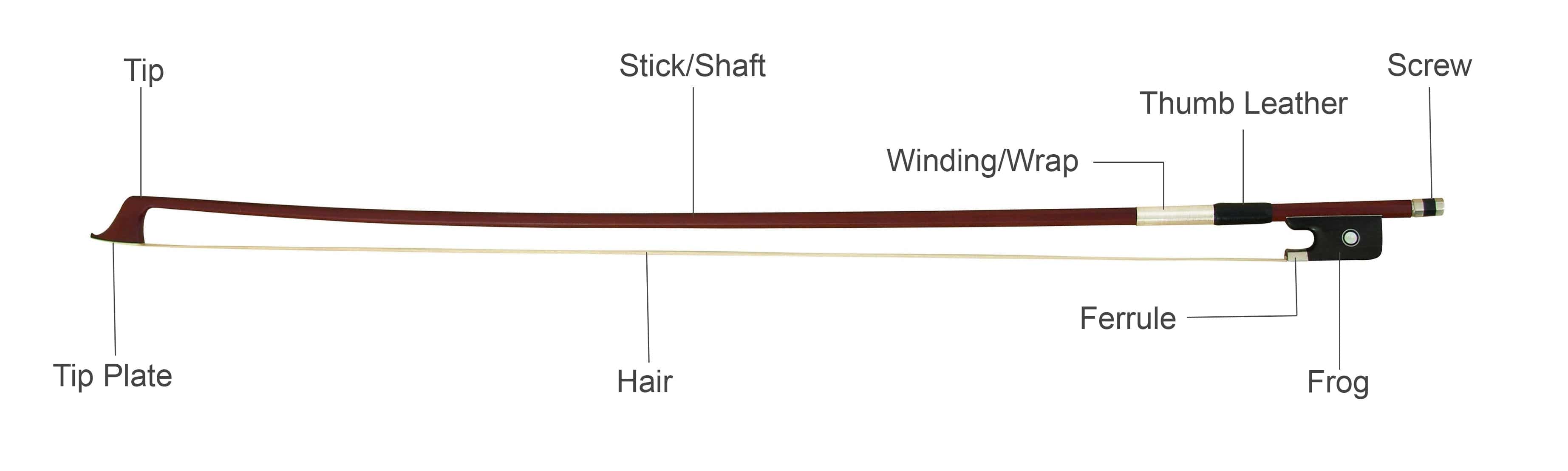 Picture of the bow Tip, Tip Plate,Frog, Shaft,Winding wrap, Thumb leather, Screw, Ferrule.
